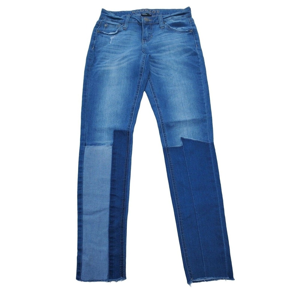Rampage Jeans 3 Juniors Light Wash Mid Rise Patchwork Sophie Skinny Raw Hem Deni